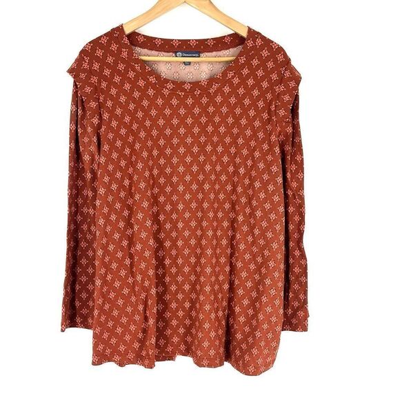 Democracy Tops - Democracy Top Size 2X Womens Red Floral Print Bohemian Ruffle Long Sleeve Shirt